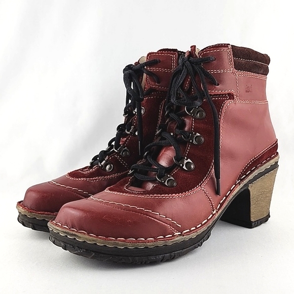 Josef Seibel Kingfisher Red Wine Leather Lace Up Ankle Boots Faux Fur Size 39 - Picture 4 of 16